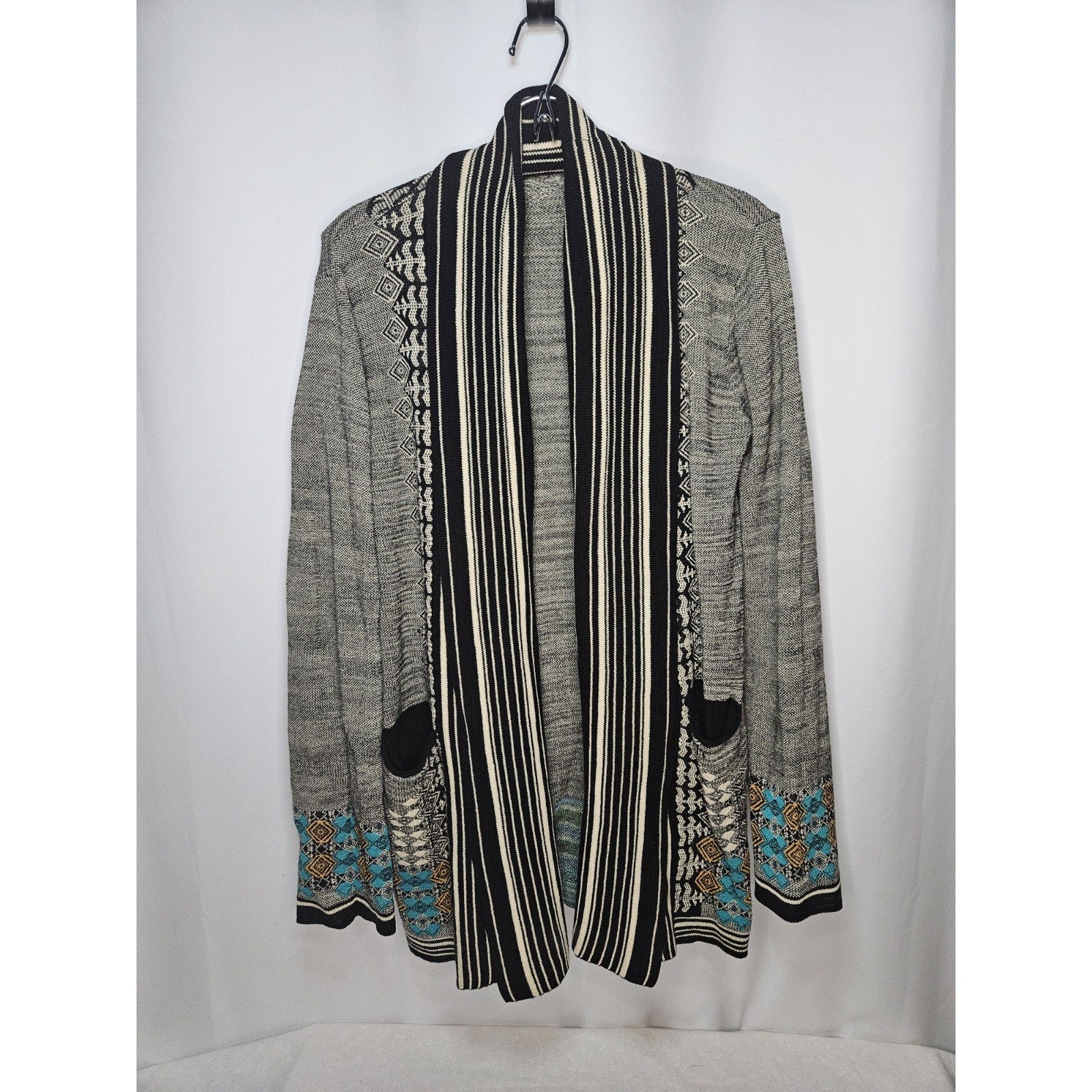 Twelfth Street Cynthia Vincent Grey Southwestern Open Knit Cardigan Small