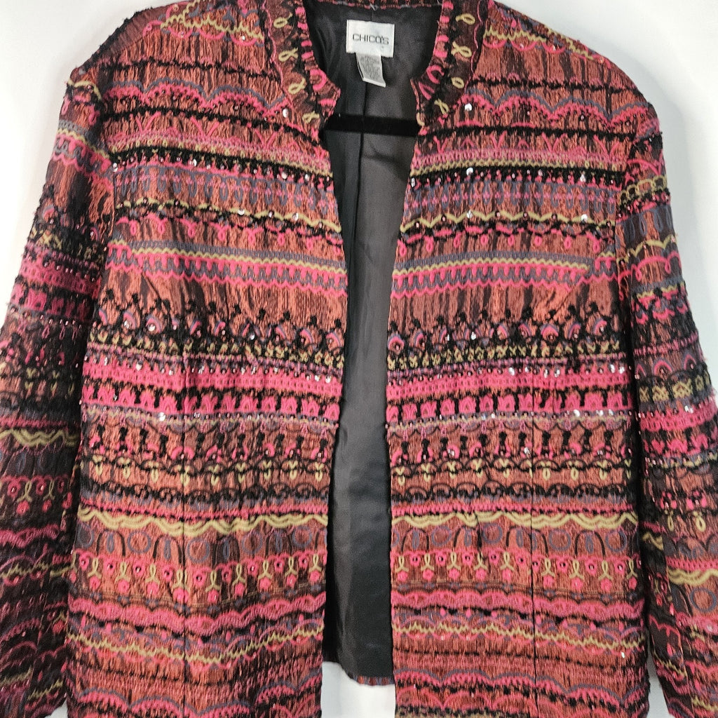 Chico's Beaded and Embellished Open Jacket Size XL 16 Artsy Colorful Boho Glam