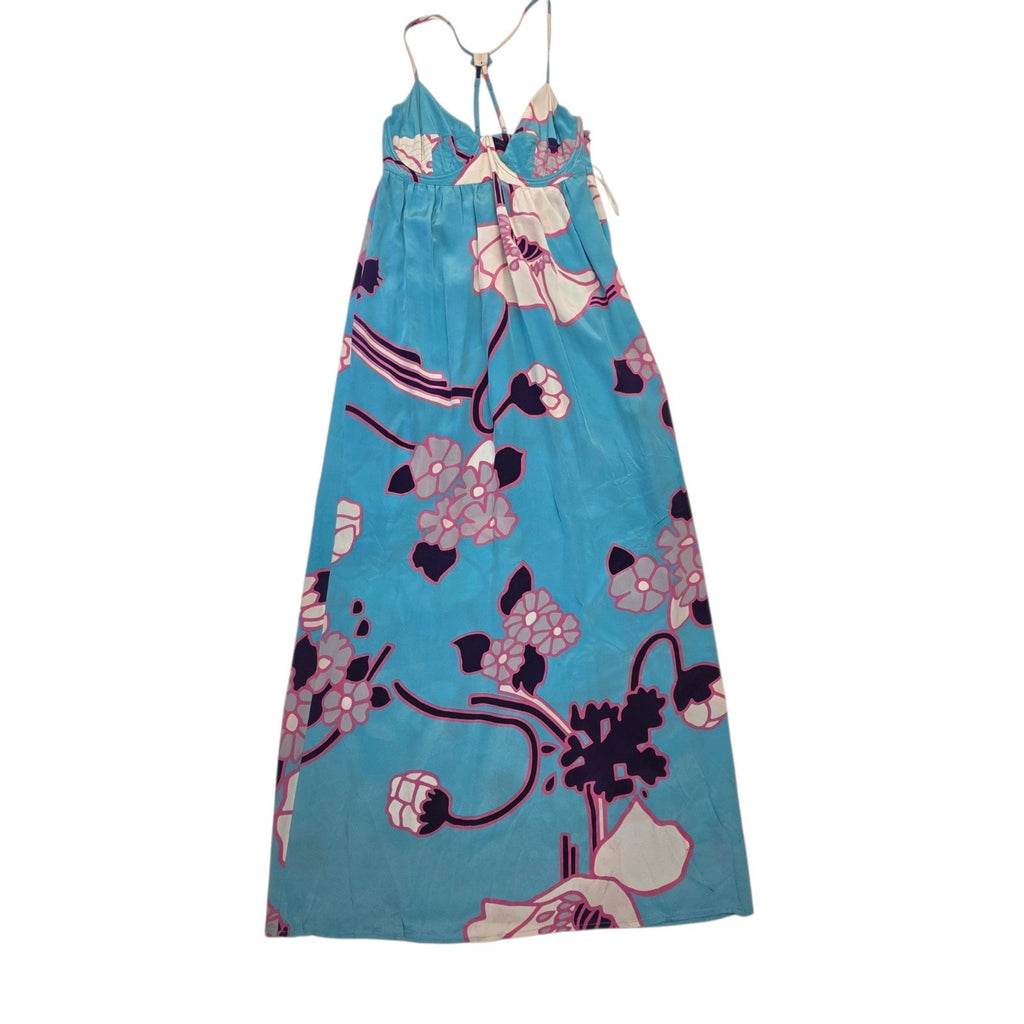 Yumi Kim Maxi Dress Women Blue Floral Silk Boho Romantic V-Neck SIZE M