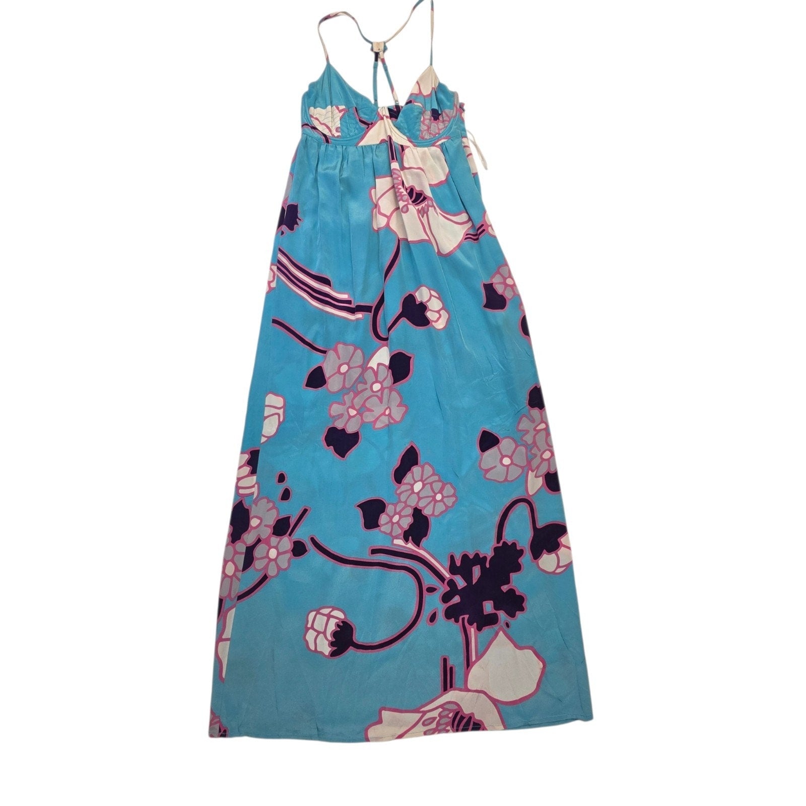 Yumi Kim Maxi Dress Women Blue Floral Silk Boho Romantic V-Neck SIZE M