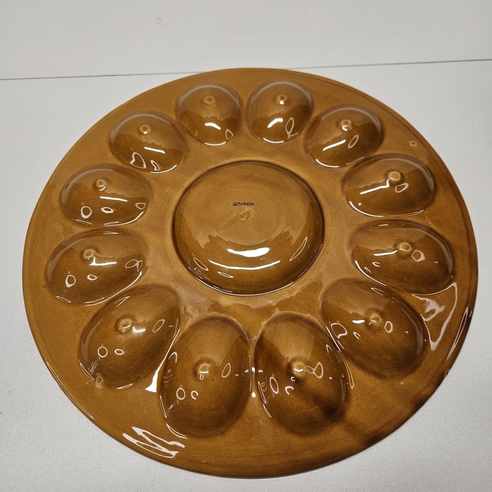 Vintage Retro Glazed Pottery Hazel Brown Deviled Egg Serving Platter