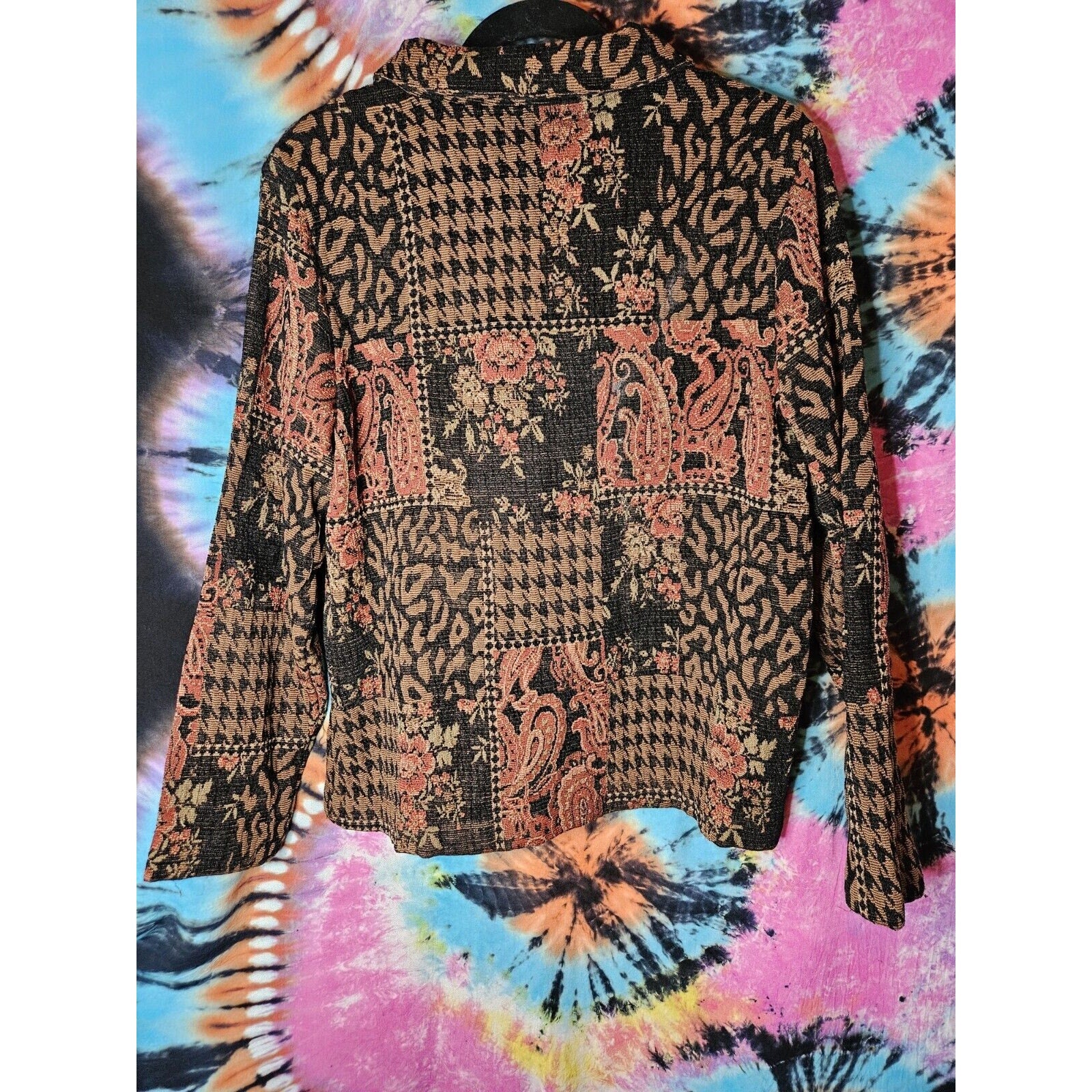 Vintage DAVID PAUL Womens Jacket Black Floral Size Large Patchwork Button Up