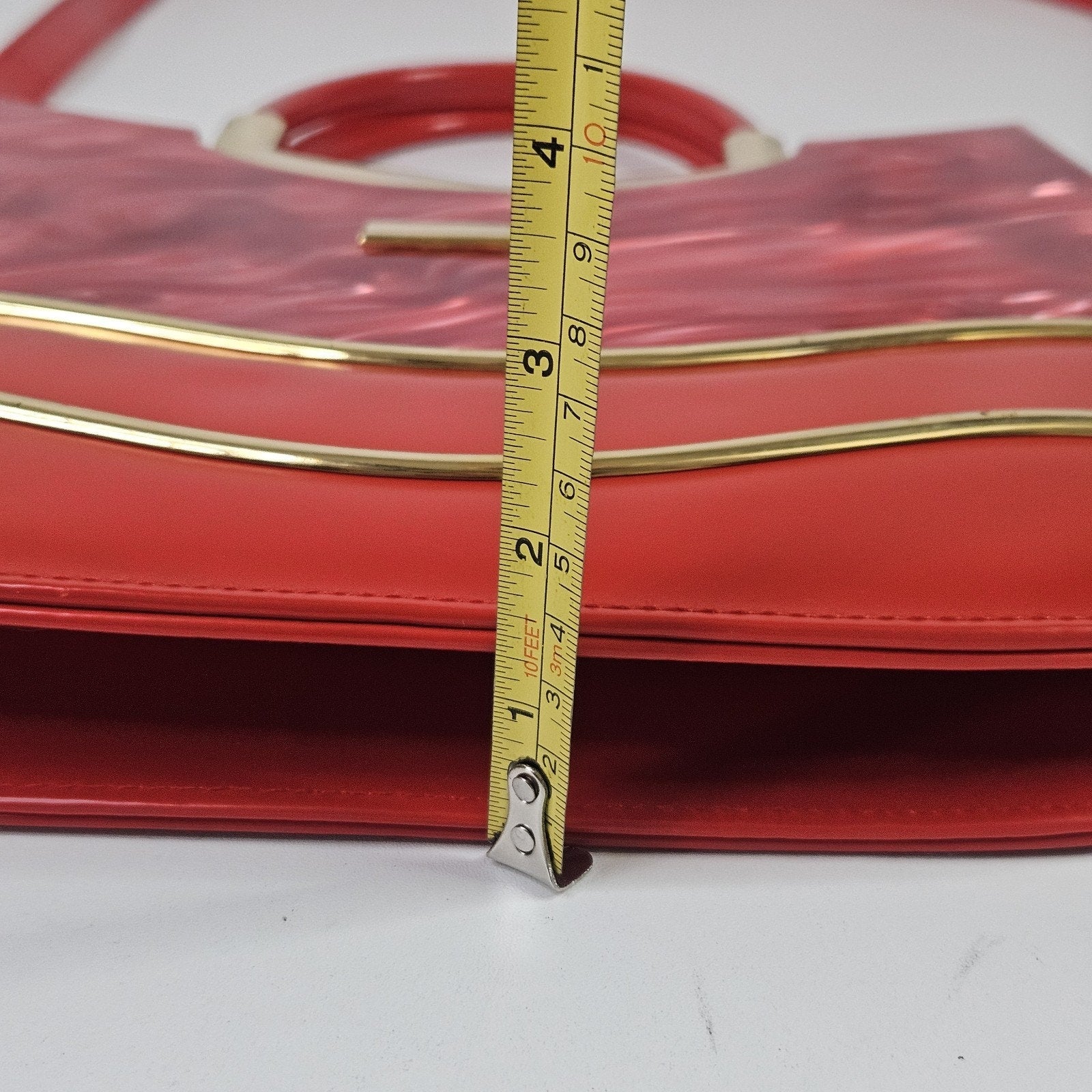 Retro Inspired Glossy Statement Handbag Red Gold Accents Acrylic Shoulder Purse