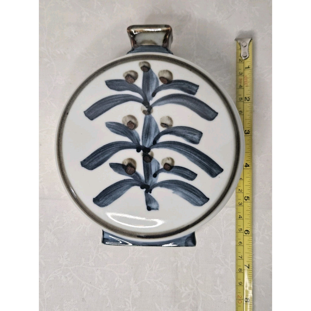 Vintage Japanese Flask Shaped Glazed Blue and White Pottery Vase Embossed Mark