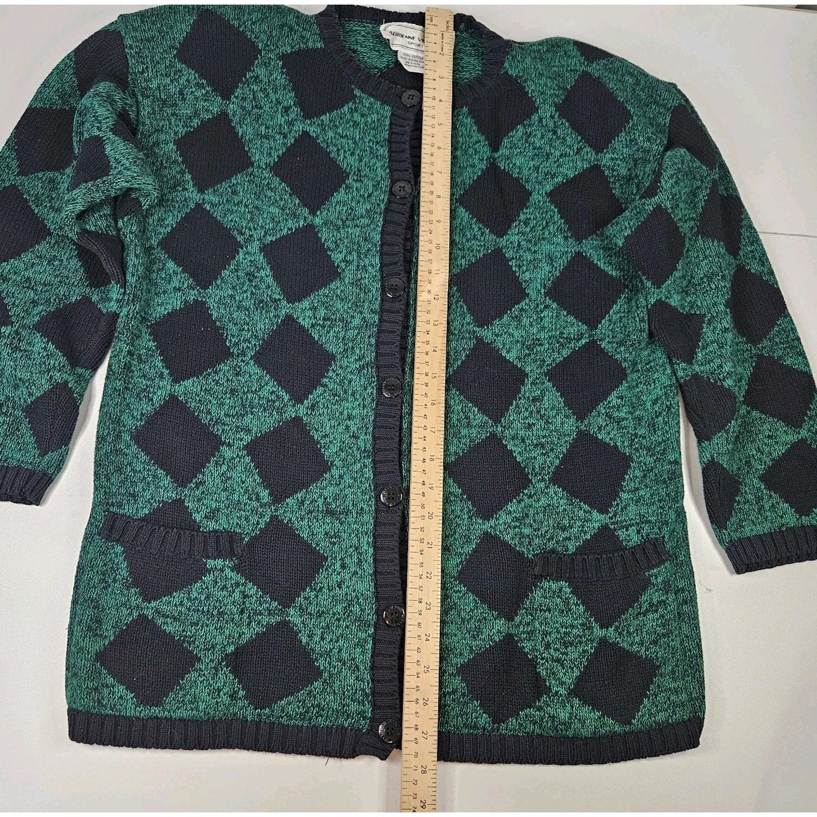 Vtg 90s Knit Cardigan Sweater Womens Small Boho Cottage Green Navy Checkered