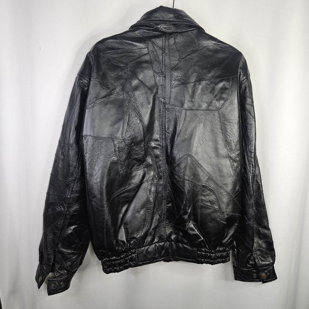 Vtg 90s Cellini Black Leather Bomber Jacket Stitch Mosaic Moto Jacket Coat- Med