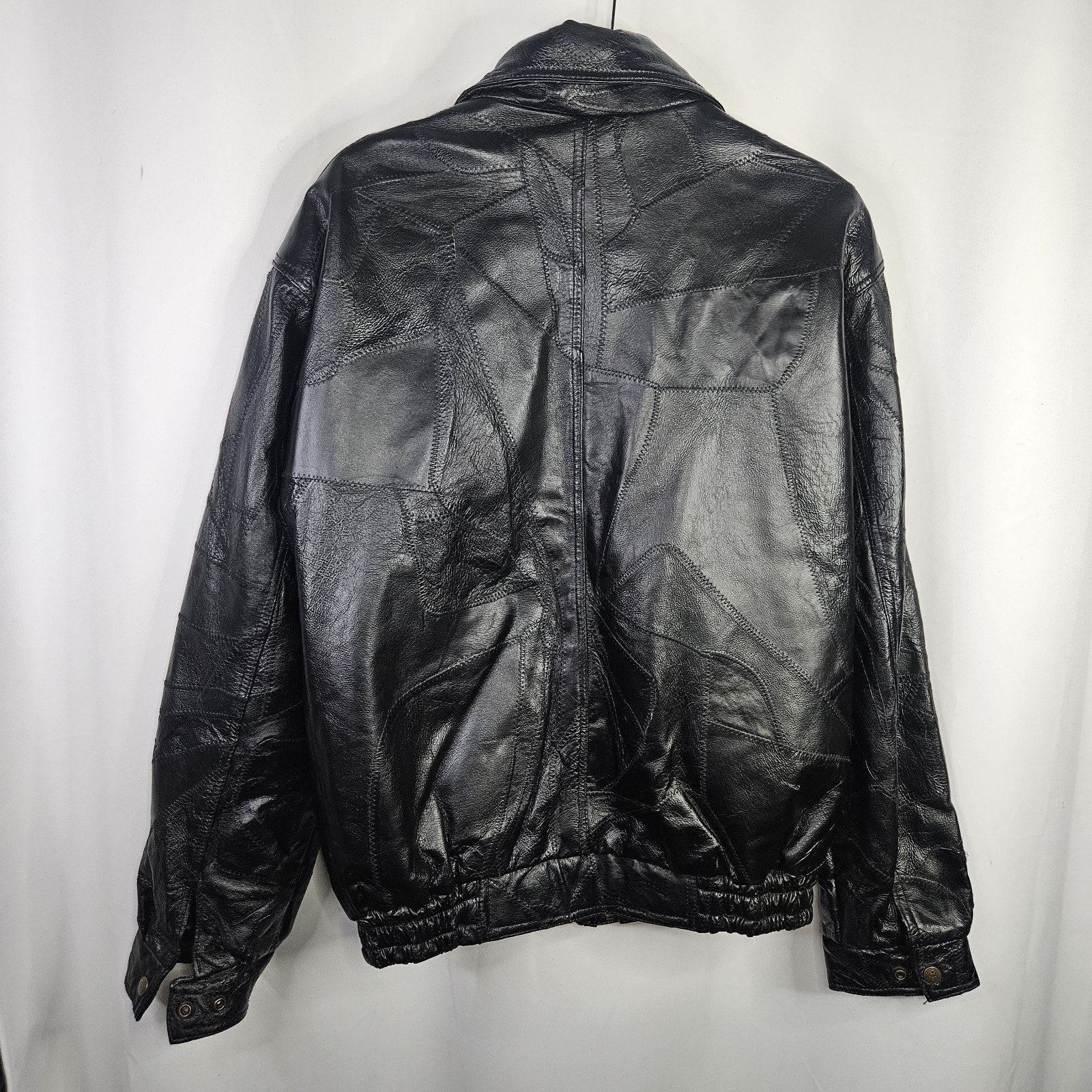 Vtg 90s Cellini Black Leather Bomber Jacket Stitch Mosaic Moto Jacket Coat- Med