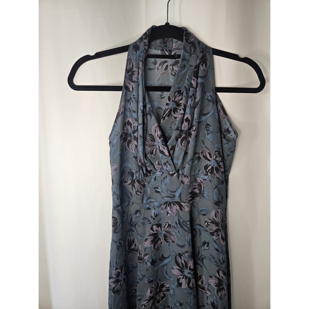 Vintage High Neck Sleeveless Dress Sheer Floral Maxi Blue Empire Waist XS 0/2