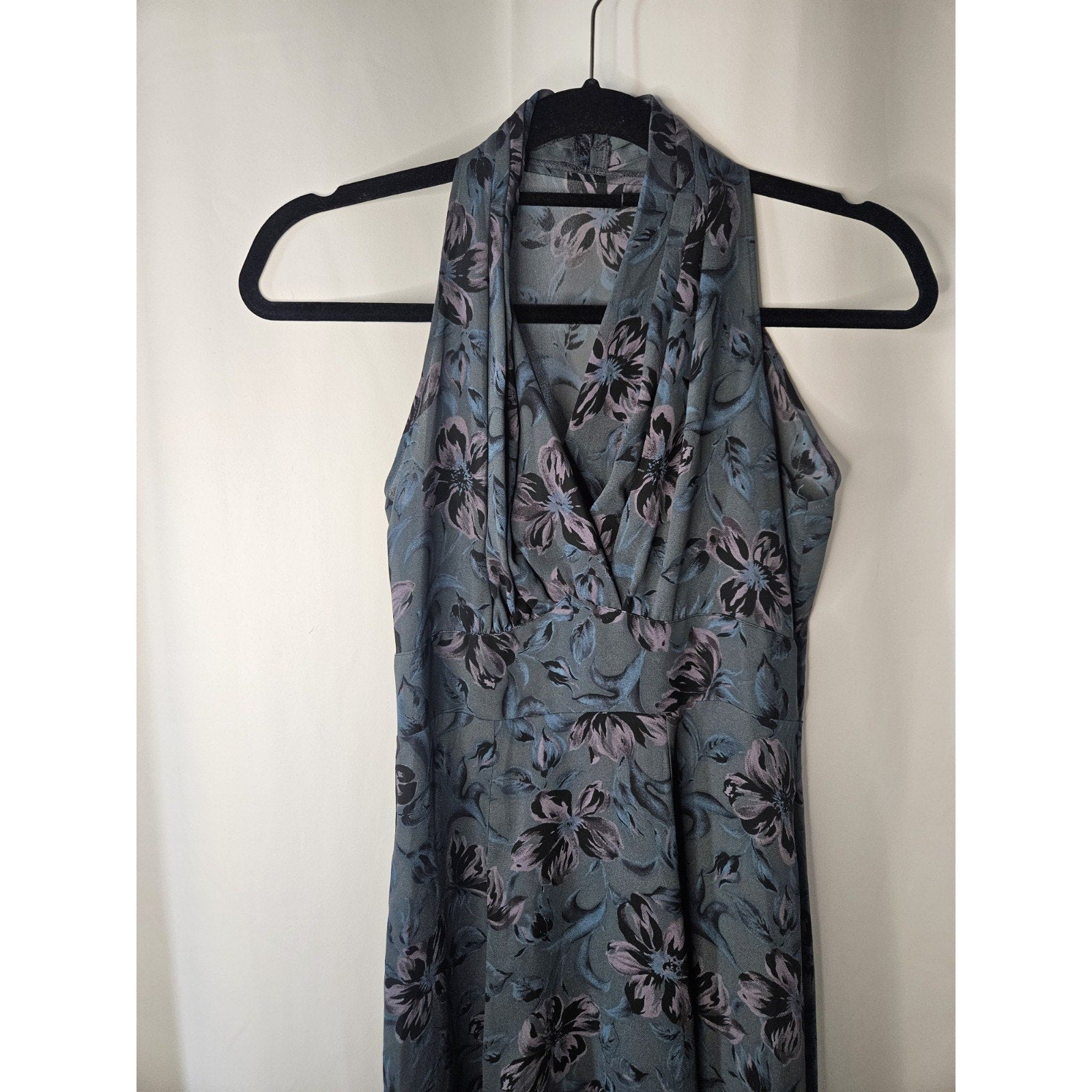 Vintage High Neck Sleeveless Dress Sheer Floral Maxi Blue Empire Waist XS 0/2